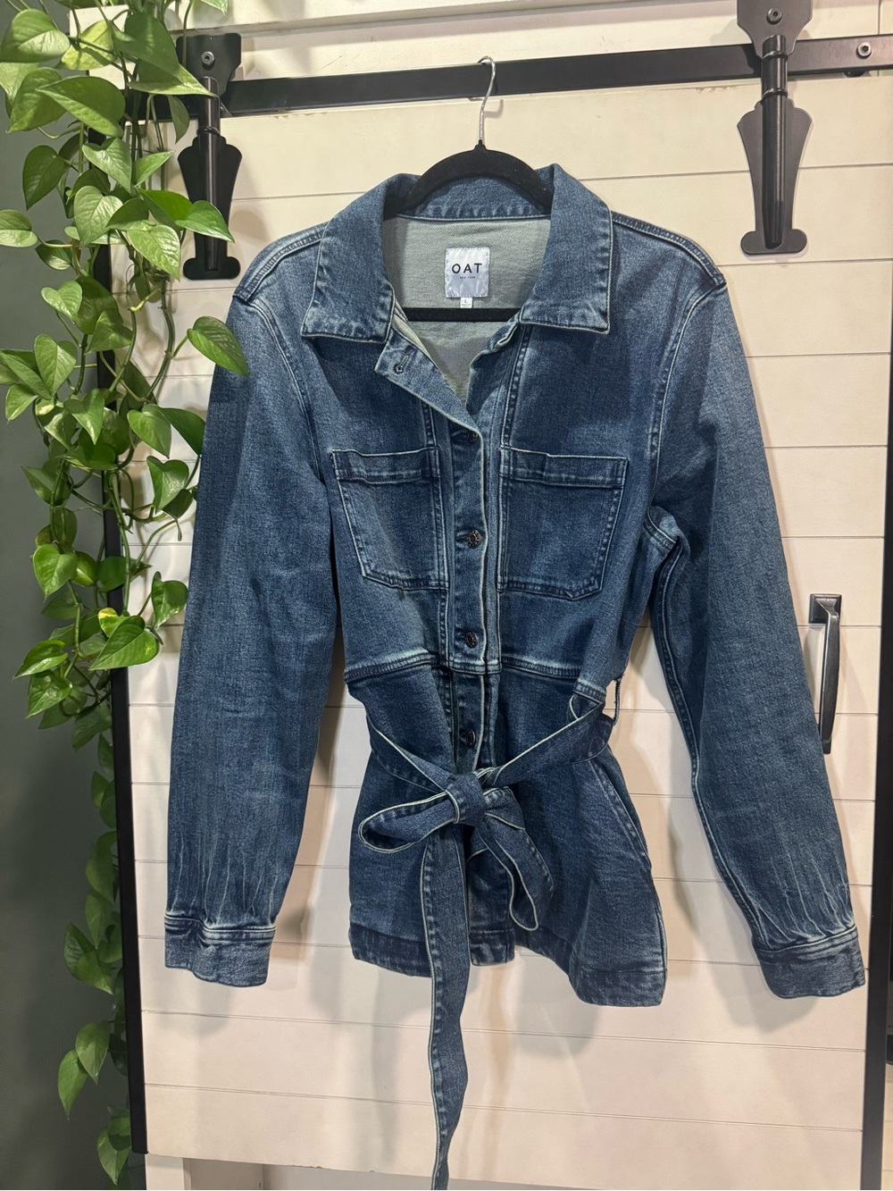 Oat New York Women's Dark Blue Denim Jean Jacket with Waist Tie